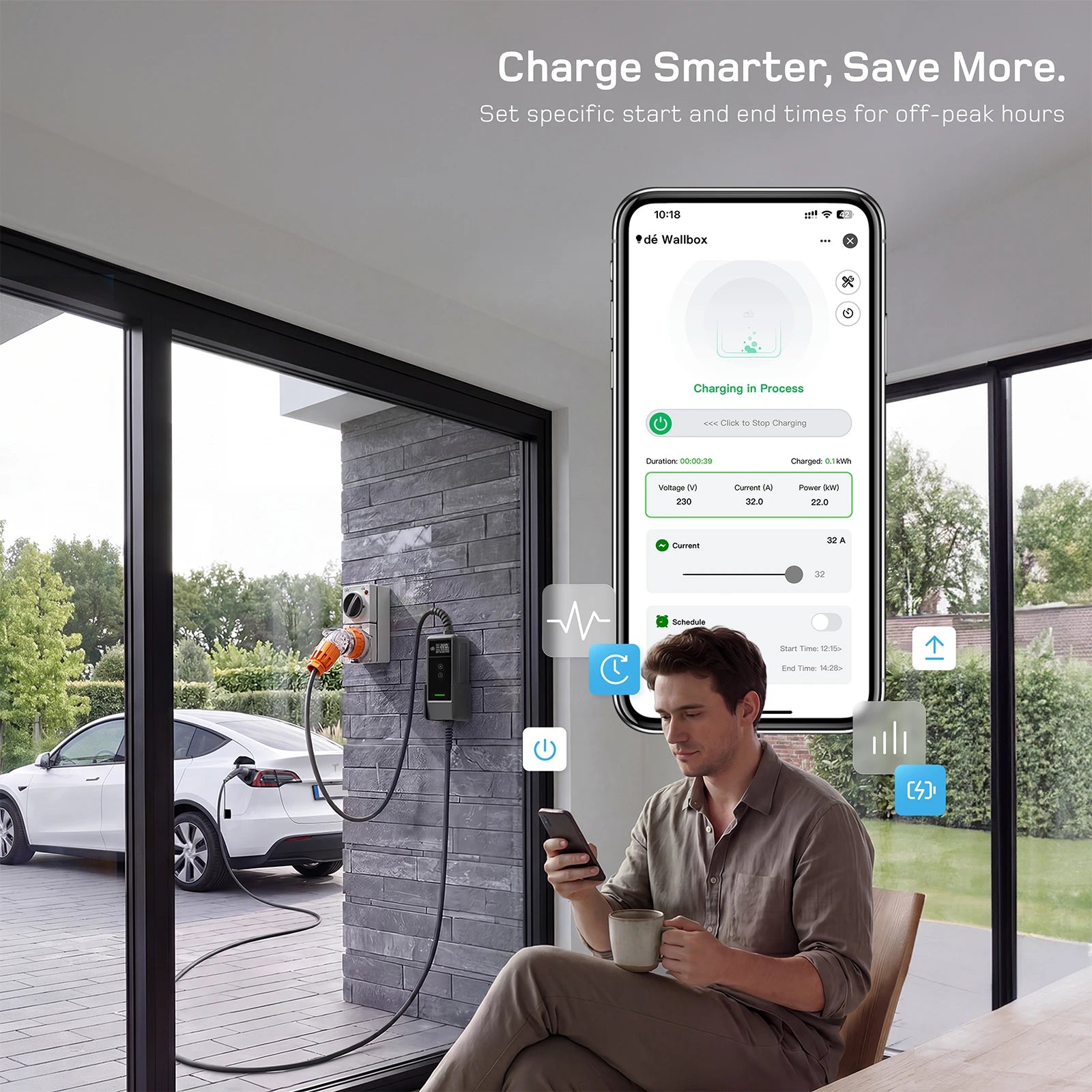 dé 22kw portable ev charger app control scene. 22kw home charger smart app monitoring.
