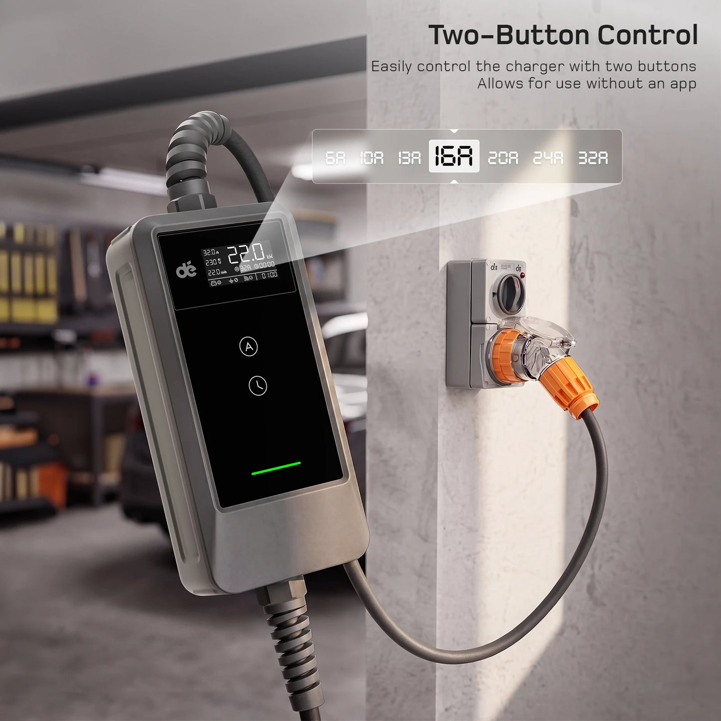 dé 22kw portable ev charger current adjustment. 22kw 3 phase ev charger dual button control.