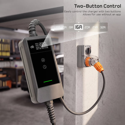 dé 22kw portable ev charger current adjustment. 22kw 3 phase ev charger dual button control.