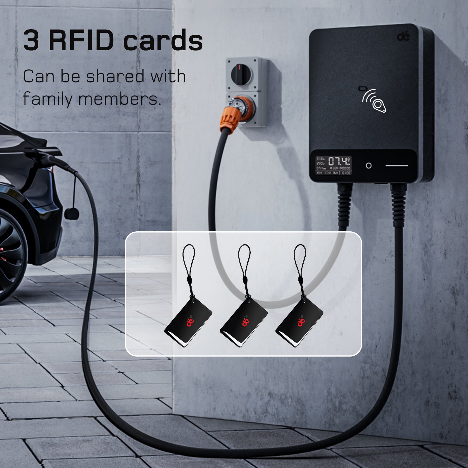 dé EV Wallbox 7kW 3 RFID cards family sharing access control