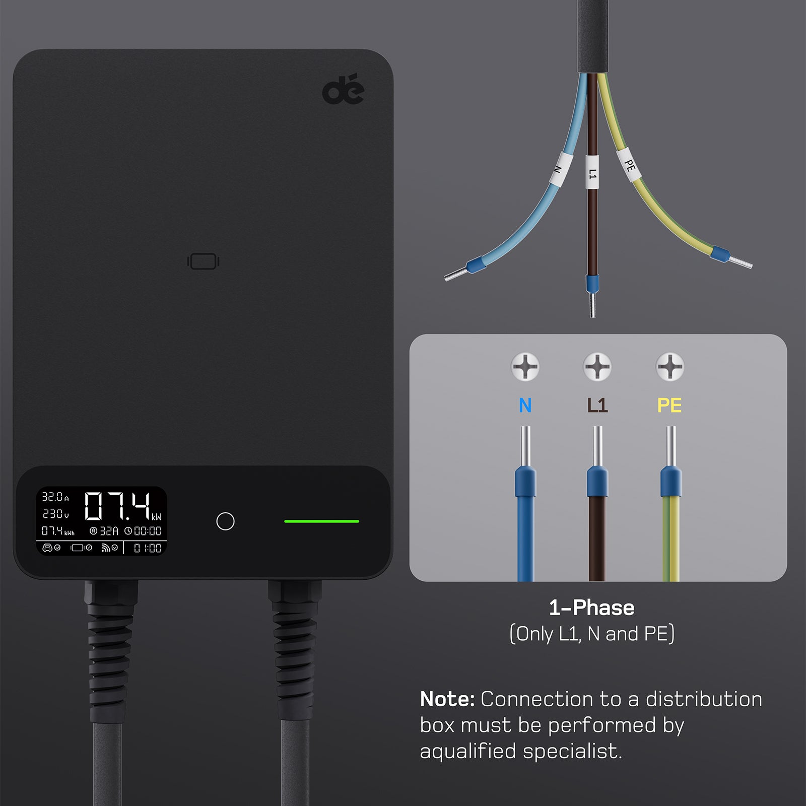 dé EV Wallbox 7kW single phase wiring diagram L1 N PE connections